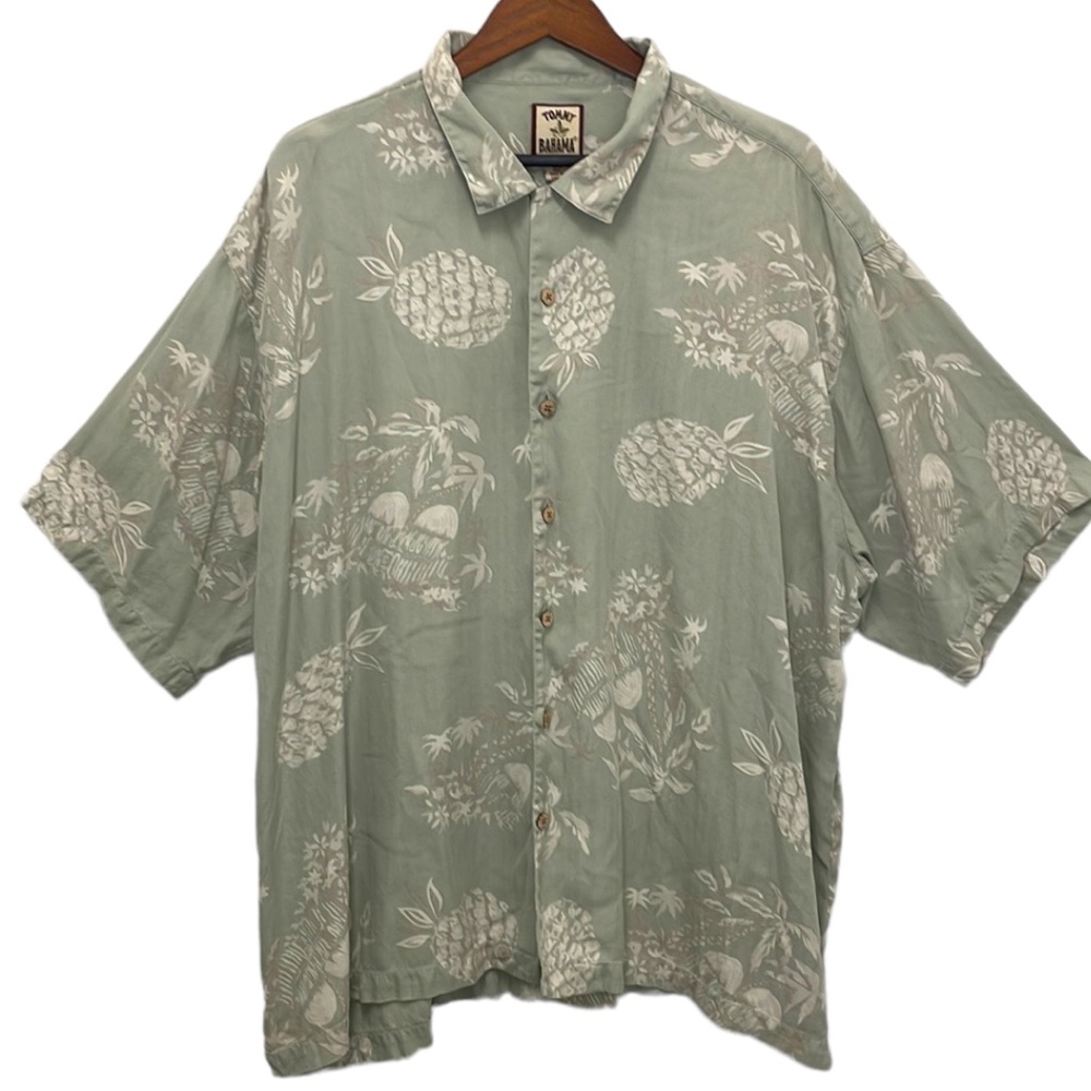 Tommy Bahama Silk Button Down Sage Green Hawaiian Shirt Sz XXL Pineapples Aloha